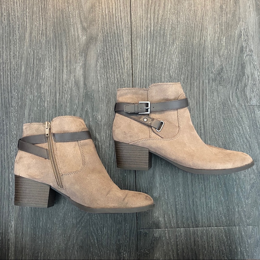 Suede Booties with Dark Brown Wrap Around Buckle